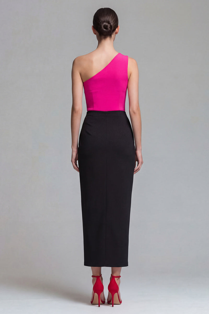 Laden Sie das Bild in den Galerie-Viewer, Ein Schulter Fuchsia und Schwarzes Scheide Midi Festkleid mit Schlitz