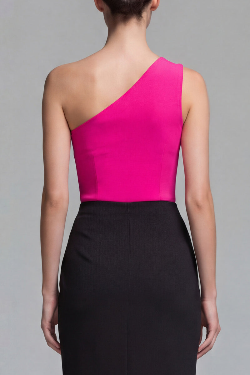 Laden Sie das Bild in den Galerie-Viewer, Ein Schulter Fuchsia und Schwarzes Scheide Midi Festkleid mit Schlitz