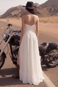 Elfenbeinfarbenes Maxi-Trägerloses Strand-Hochzeitskleid mit Schlitz