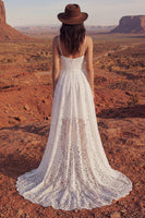 Laden Sie das Bild in den Galerie-Viewer, A-Linie Spaghetti-Träger elfenbeinfarbene blumige Spitze hoch niedriges Boho-Hochzeitskleid
