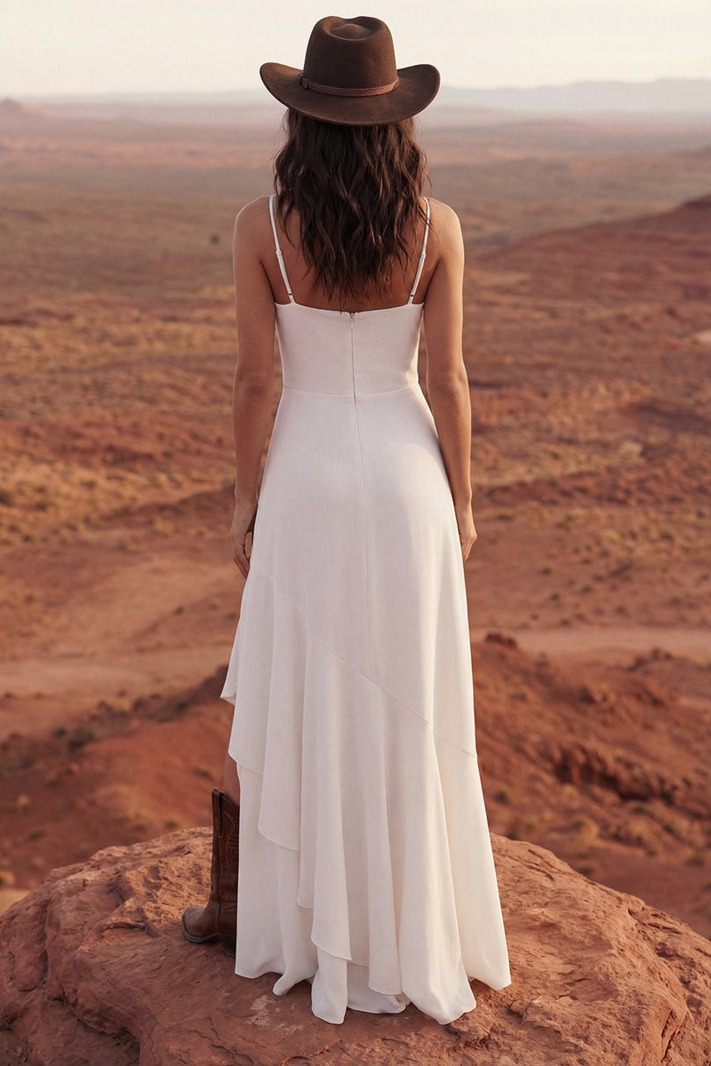Laden Sie das Bild in den Galerie-Viewer, Spaghetti-Träger Scheide Elfenbein Maxi Strand Hochzeitskleid