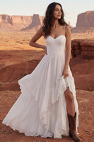 Laden Sie das Bild in den Galerie-Viewer, Elfenbein A Linie Rüschen Langes Boho Hochzeitskleid mit Schlitz
