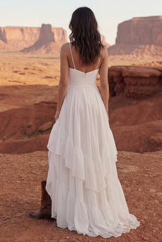 Elfenbein A Linie Rüschen Langes Boho Hochzeitskleid mit Schlitz