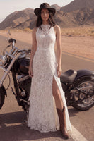 Laden Sie das Bild in den Galerie-Viewer, Elfenbein A-Linie Hochhals Langes Boho Spitze Hochzeitskleid
