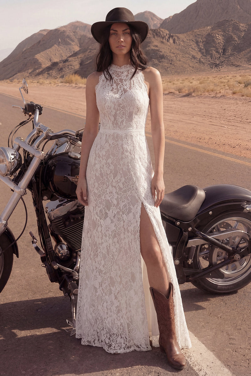 Laden Sie das Bild in den Galerie-Viewer, Elfenbein A-Linie Hochhals Langes Boho Spitze Hochzeitskleid