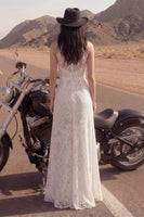 Laden Sie das Bild in den Galerie-Viewer, Elfenbein A-Linie Hochhals Langes Boho Spitze Hochzeitskleid
