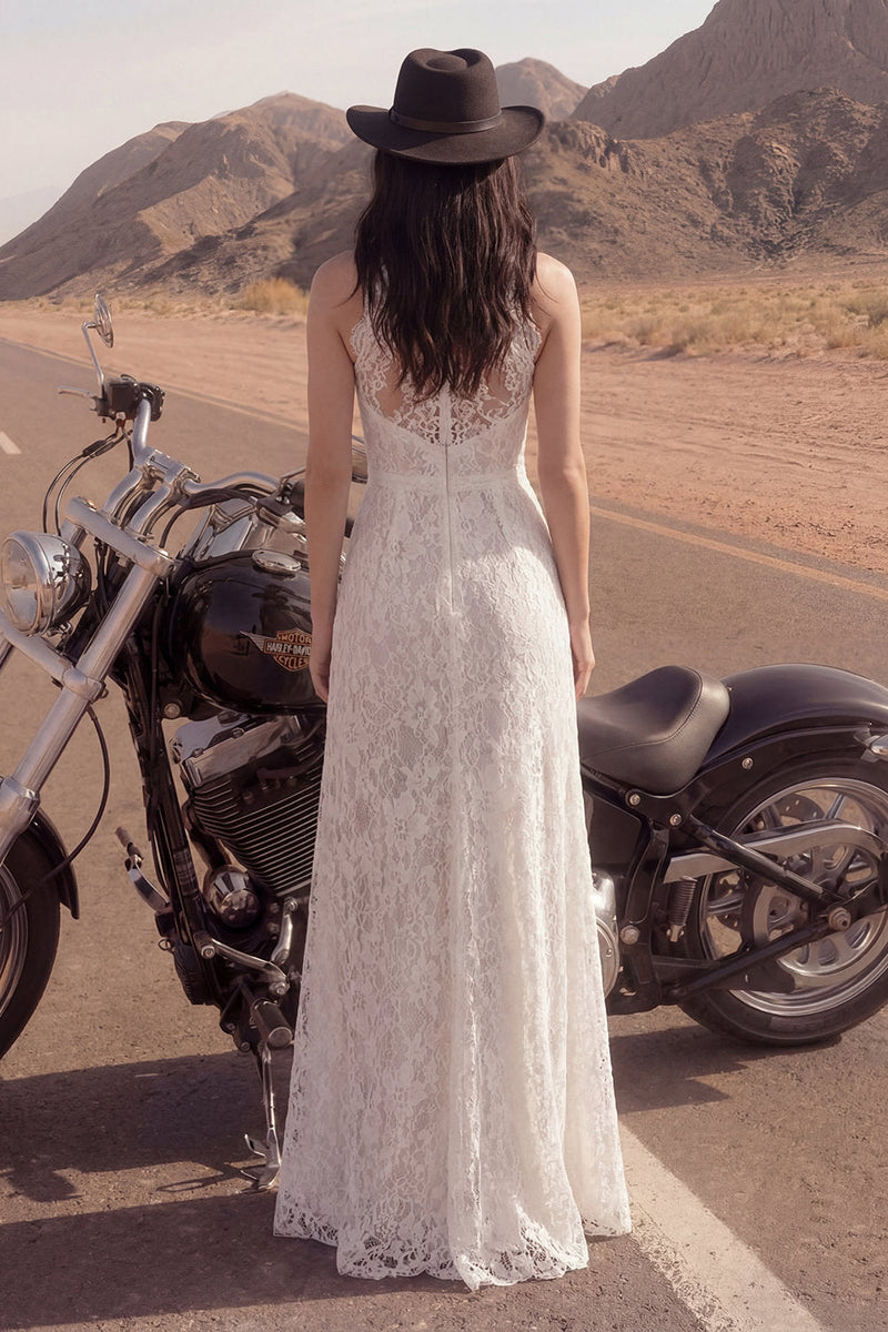 Laden Sie das Bild in den Galerie-Viewer, Elfenbein A-Linie Hochhals Langes Boho Spitze Hochzeitskleid