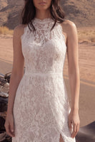 Laden Sie das Bild in den Galerie-Viewer, Elfenbein A-Linie Hochhals Langes Boho Spitze Hochzeitskleid