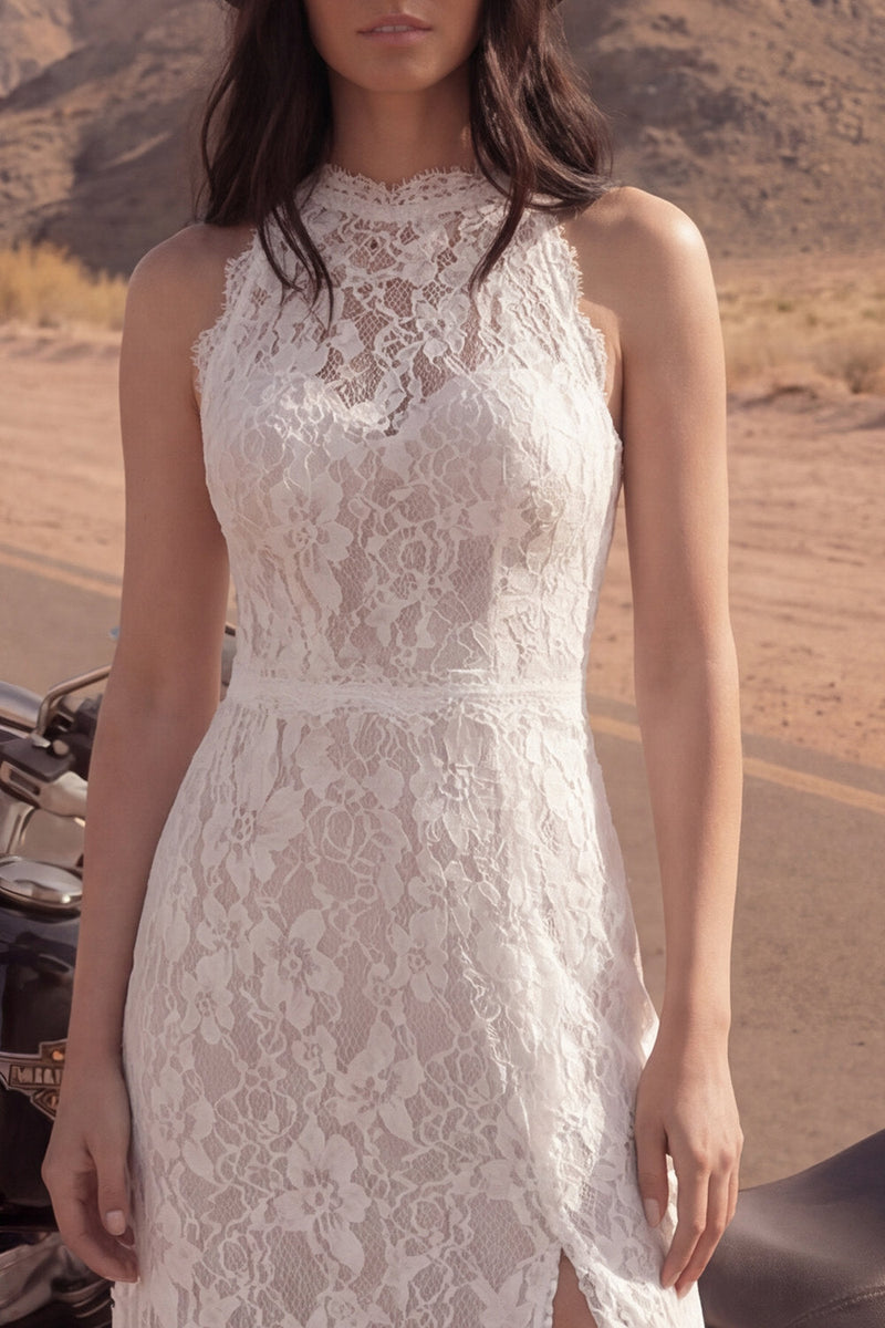 Laden Sie das Bild in den Galerie-Viewer, Elfenbein A-Linie Hochhals Langes Boho Spitze Hochzeitskleid