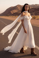 Laden Sie das Bild in den Galerie-Viewer, Elfenbein Hals Schal Rüschen Strand Hochzeitskleid aus Chiffon