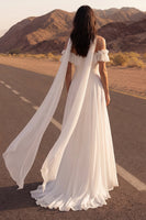 Laden Sie das Bild in den Galerie-Viewer, Elfenbein Hals Schal Rüschen Strand Hochzeitskleid aus Chiffon