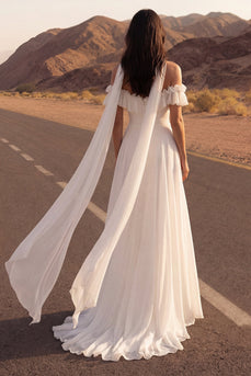 Elfenbein Hals Schal Rüschen Strand Hochzeitskleid aus Chiffon