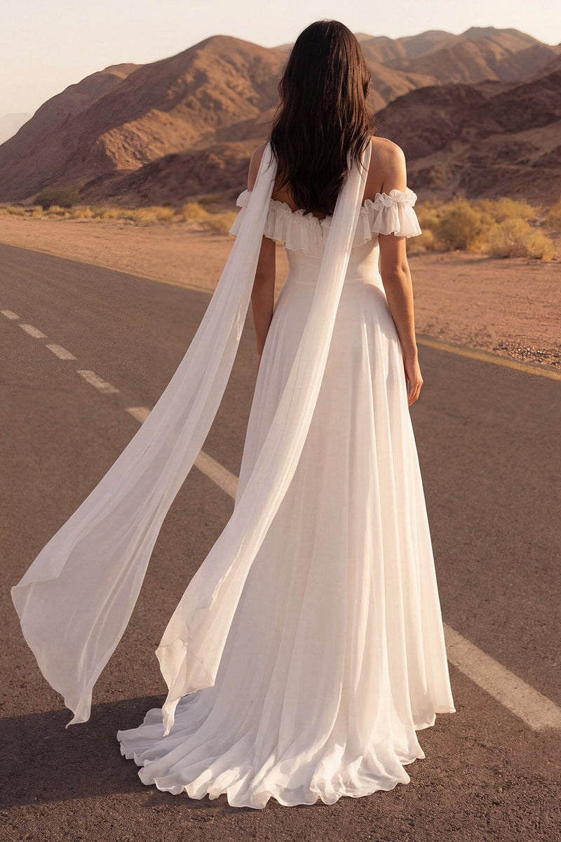 Laden Sie das Bild in den Galerie-Viewer, Elfenbein Hals Schal Rüschen Strand Hochzeitskleid aus Chiffon