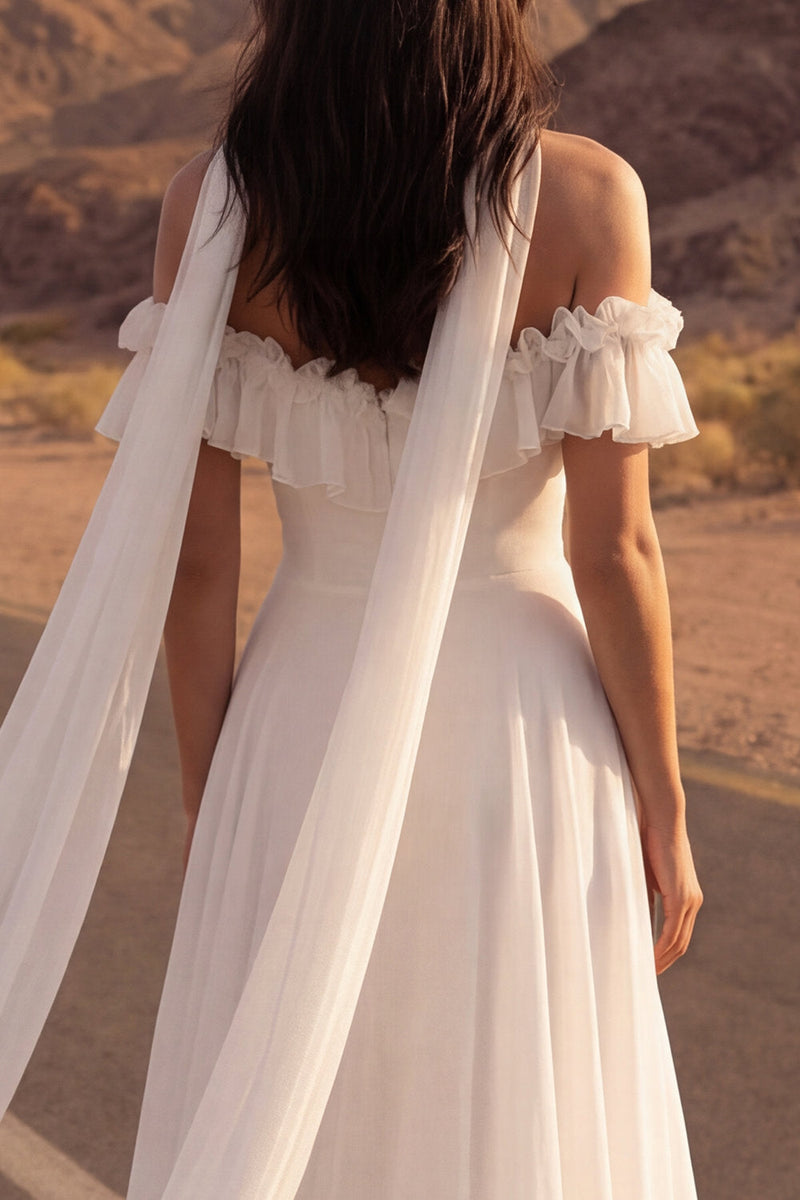 Laden Sie das Bild in den Galerie-Viewer, Elfenbein Hals Schal Rüschen Strand Hochzeitskleid aus Chiffon