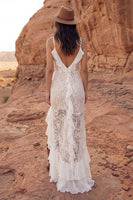 Laden Sie das Bild in den Galerie-Viewer, Elfenbein Blumen Langes Boho Hochzeitskleid mit Rüschen