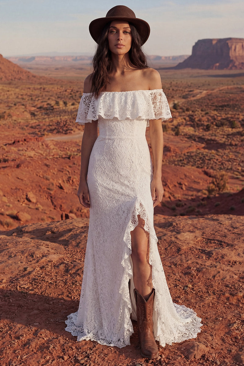 Laden Sie das Bild in den Galerie-Viewer, Blumen Elfenbein Meerjungfrauen Langes Boho Hochzeitskleid mit Rüschen