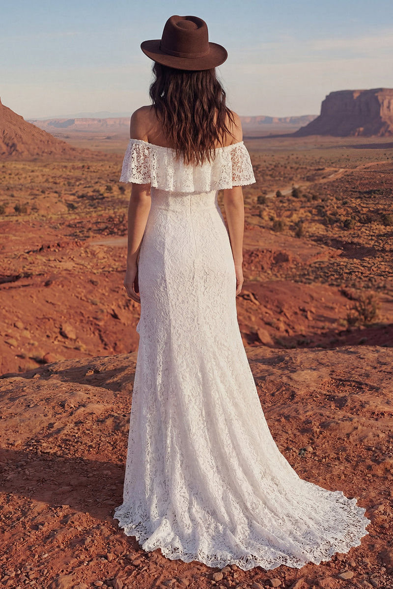 Laden Sie das Bild in den Galerie-Viewer, Blumen Elfenbein Meerjungfrauen Langes Boho Hochzeitskleid mit Rüschen