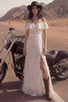Laden Sie das Bild in den Galerie-Viewer, Elfenbein Scheide Langes Boho Hochzeitskleid mit Schlitz