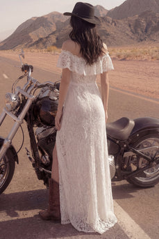 Elfenbein Scheide Langes Boho Hochzeitskleid mit Schlitz
