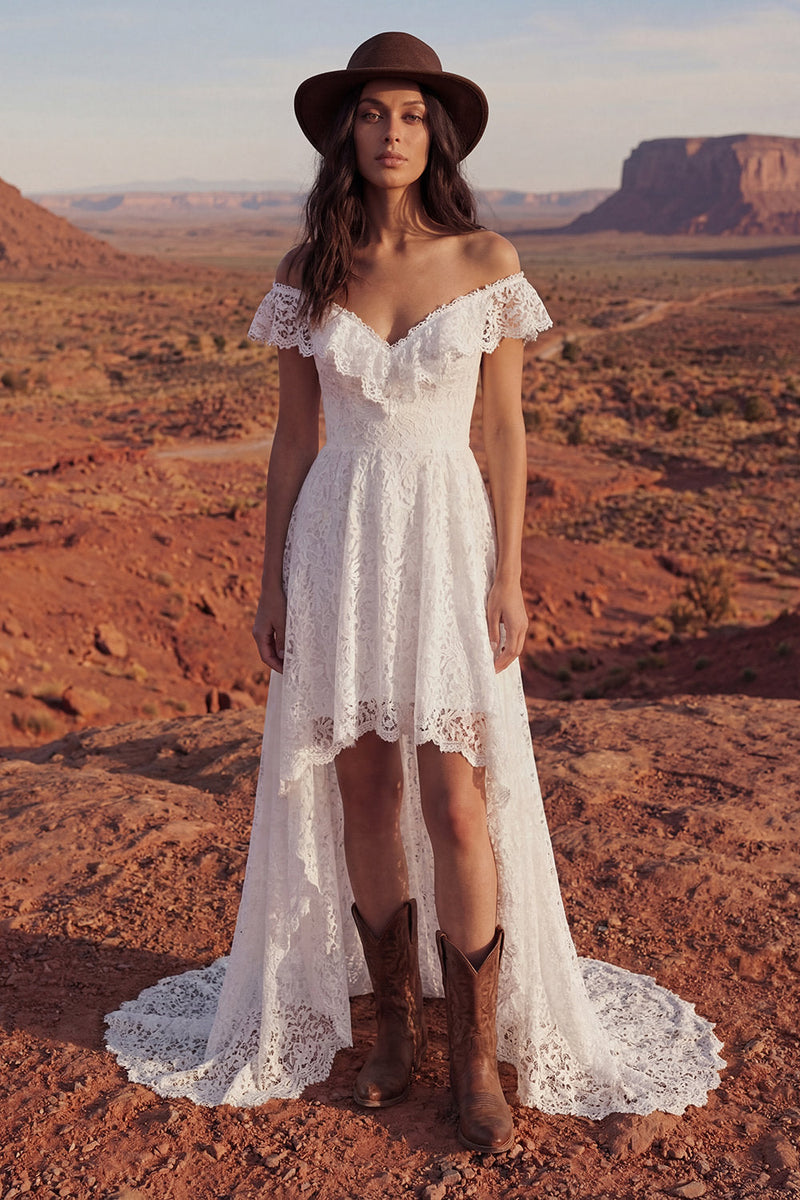 Laden Sie das Bild in den Galerie-Viewer, Elfenbein A Linie Hoch Niedriges Boho Hochzeitskleid