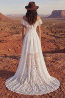 Laden Sie das Bild in den Galerie-Viewer, Elfenbein A Linie Hoch Niedriges Boho Hochzeitskleid