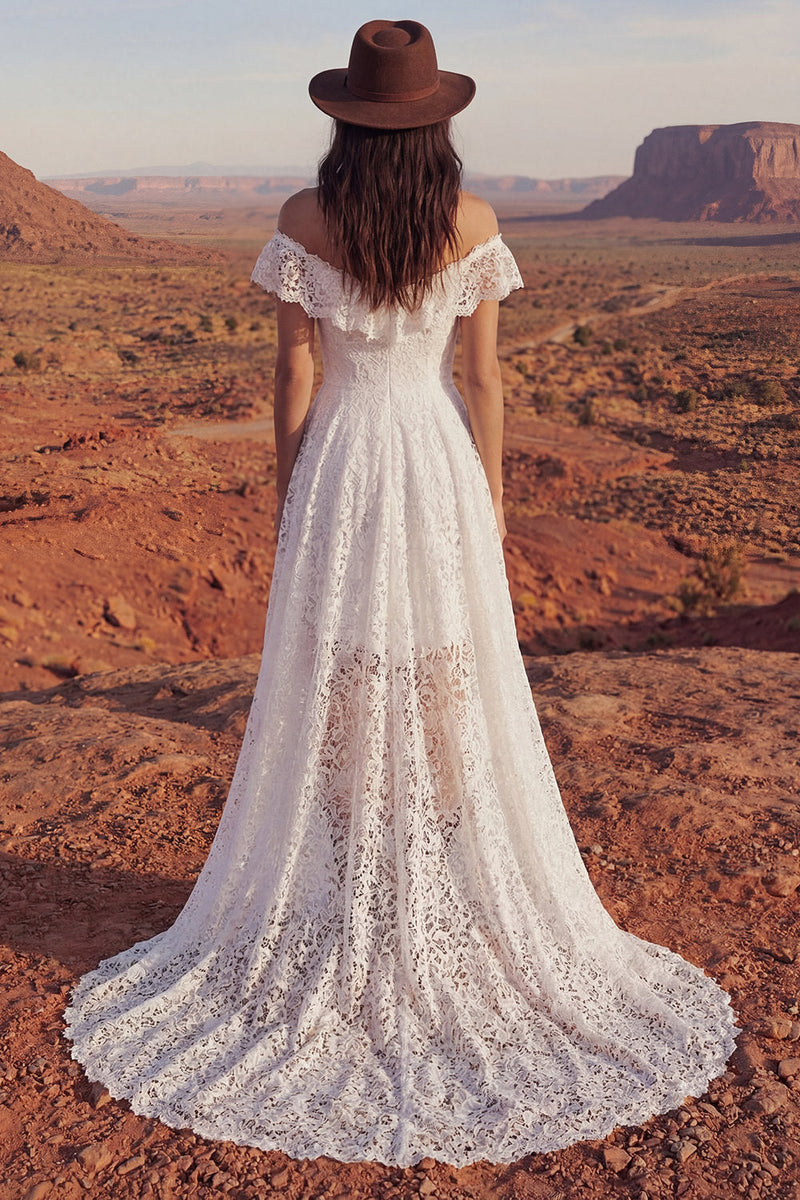 Laden Sie das Bild in den Galerie-Viewer, Elfenbein A Linie Hoch Niedriges Boho Hochzeitskleid