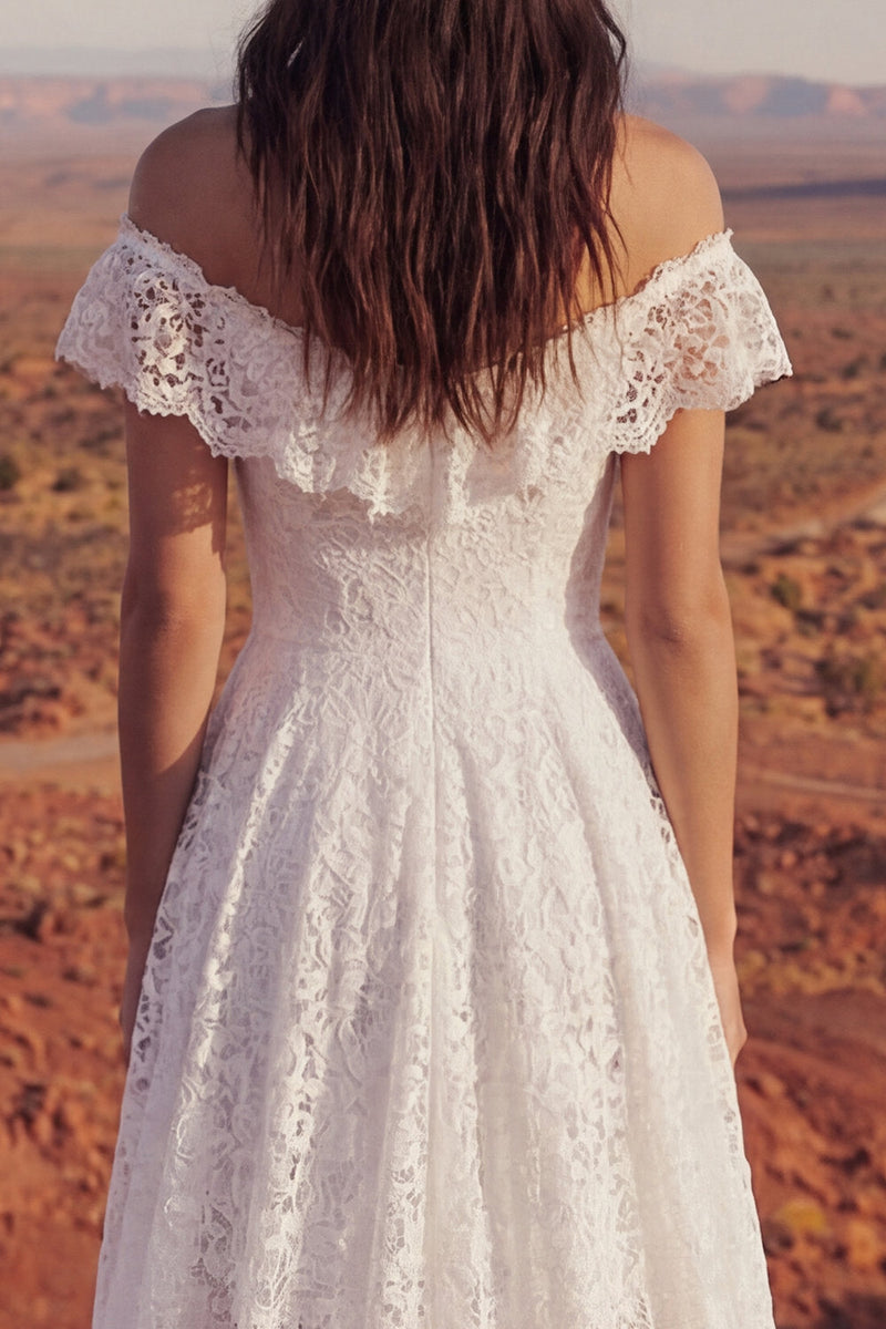 Laden Sie das Bild in den Galerie-Viewer, Elfenbein A Linie Hoch Niedriges Boho Hochzeitskleid