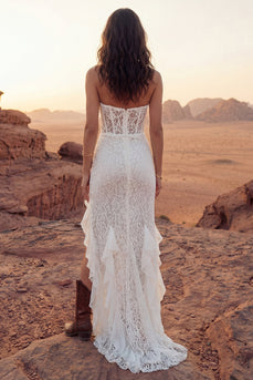 Blumen Elfenbein Trägerloses Rüschen Scheide Langes Boho Hochzeitskleid
