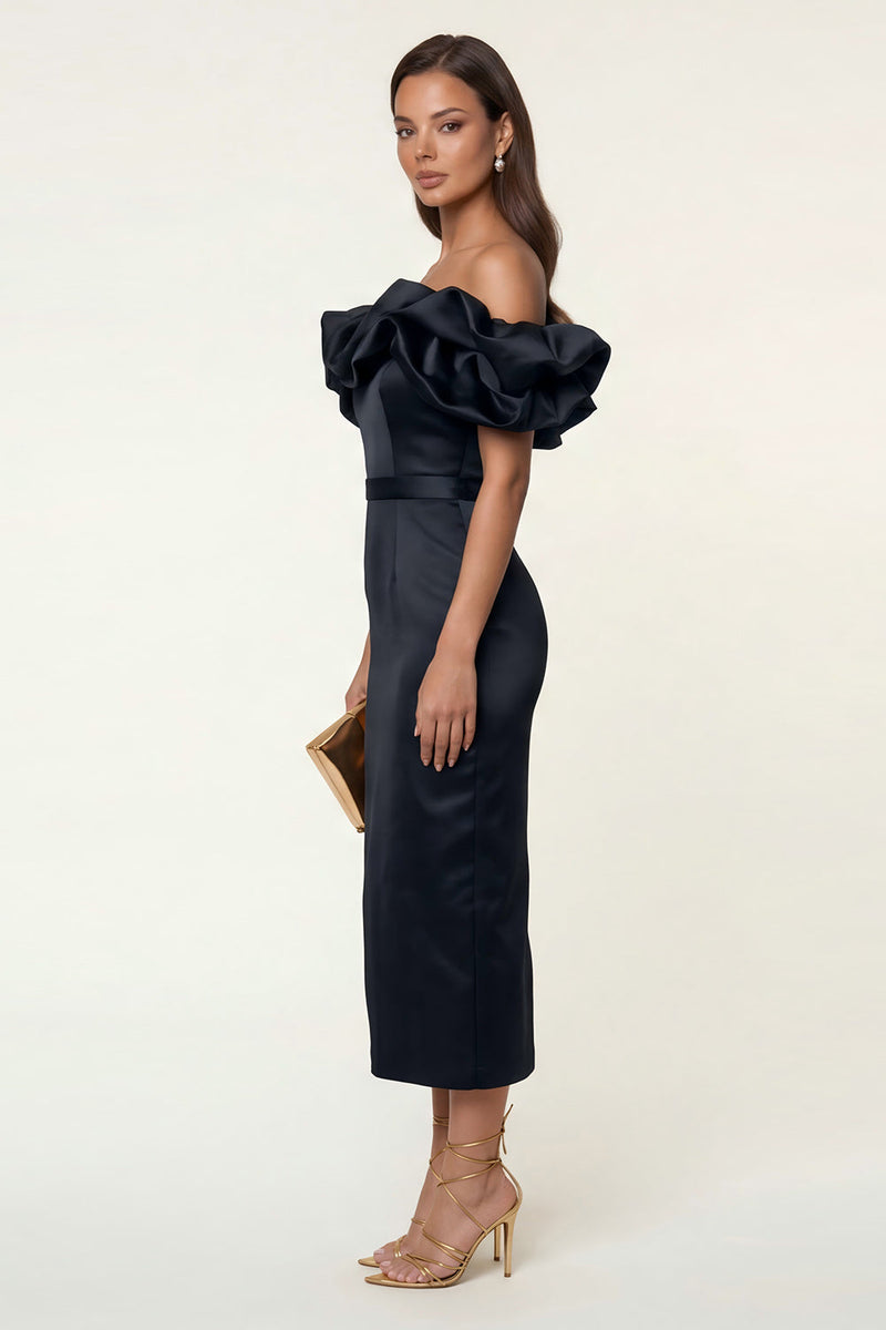 Laden Sie das Bild in den Galerie-Viewer, Schwarzes schulterfreies Bodycon-Midi-Festkleid mit Schlitz