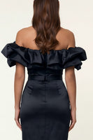 Laden Sie das Bild in den Galerie-Viewer, Schwarzes schulterfreies Bodycon-Midi-Festkleid mit Schlitz