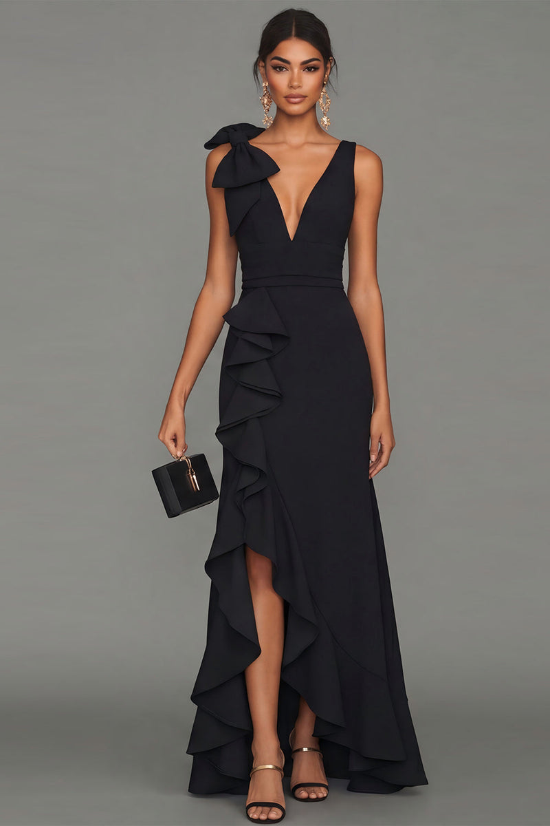 Laden Sie das Bild in den Galerie-Viewer, Schwarzes V-Ausschnitt Rüschen Langes Festkleid mit Schlitz