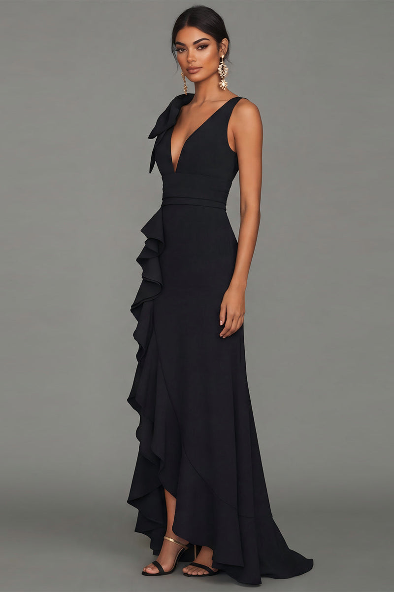 Laden Sie das Bild in den Galerie-Viewer, Schwarzes V-Ausschnitt Rüschen Langes Festkleid mit Schlitz