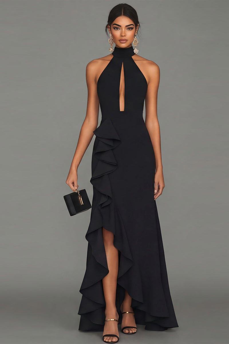 Laden Sie das Bild in den Galerie-Viewer, Schwarzer Halterhals mit Rüschen und Ausschnitt langes Festkleid mit Schlitz
