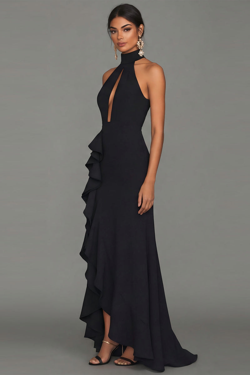Laden Sie das Bild in den Galerie-Viewer, Schwarzer Halterhals mit Rüschen und Ausschnitt langes Festkleid mit Schlitz