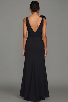 Schwarzer V-Ausschnitt langes Festkleid mit Schleife