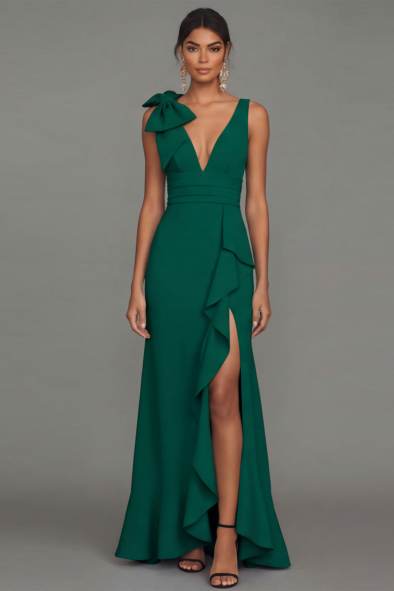 Laden Sie das Bild in den Galerie-Viewer, Dunkelgrünes V-Ausschnitt mit Rüschen und langem Festkleid mit Rüschen und Schlitz