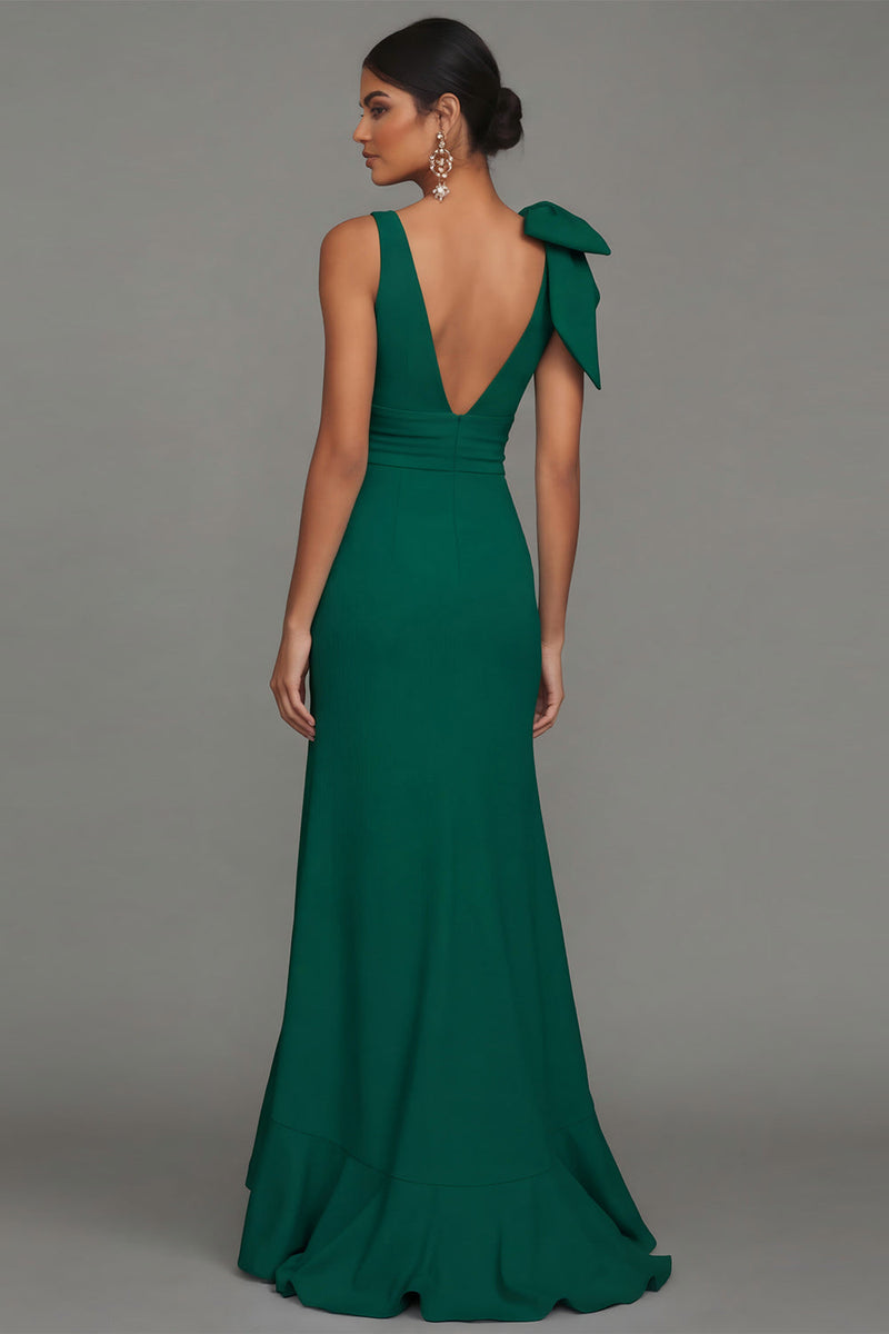 Laden Sie das Bild in den Galerie-Viewer, Dunkelgrünes V-Ausschnitt mit Rüschen und langem Festkleid mit Rüschen und Schlitz