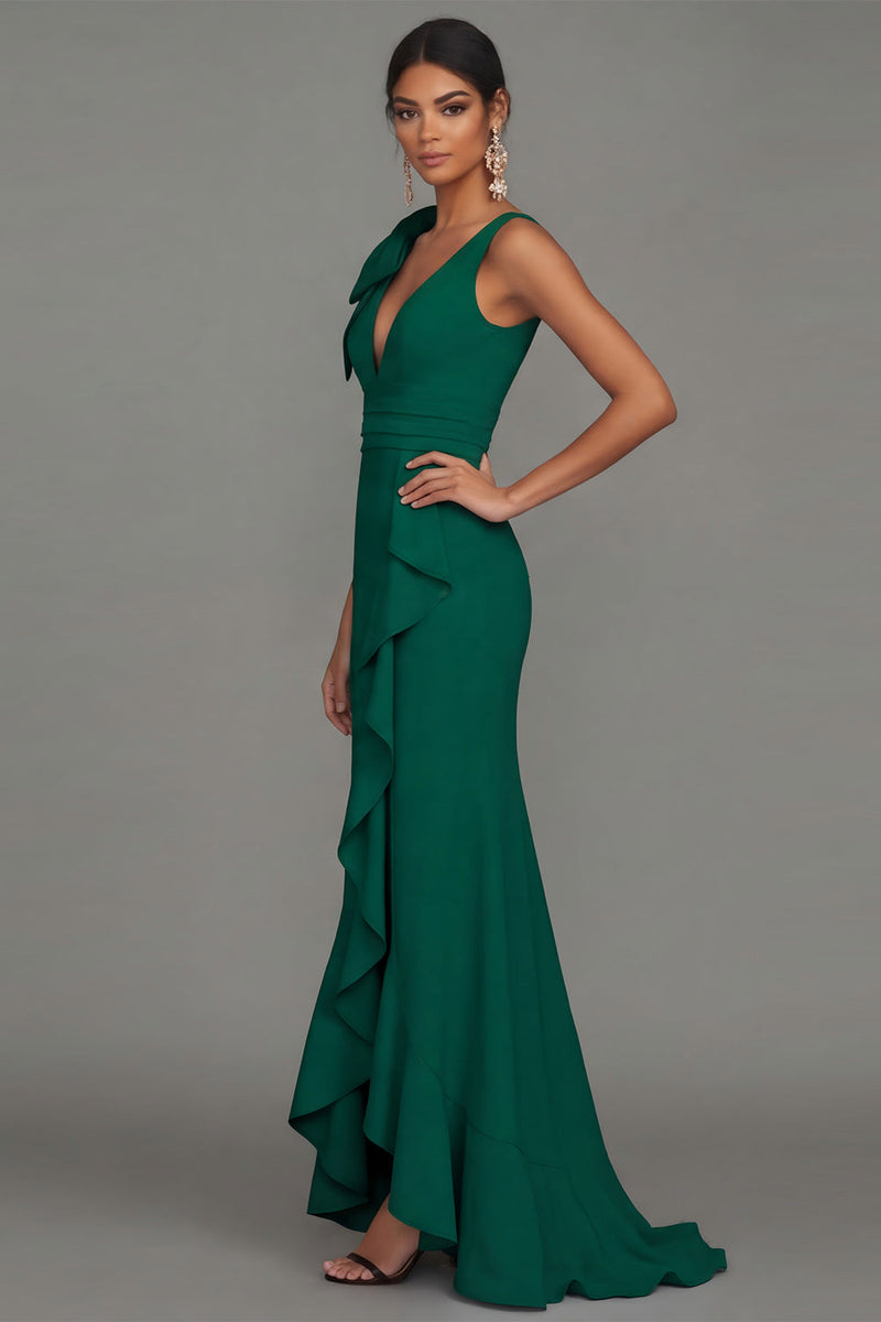 Laden Sie das Bild in den Galerie-Viewer, Dunkelgrünes V-Ausschnitt mit Rüschen und langem Festkleid mit Rüschen und Schlitz