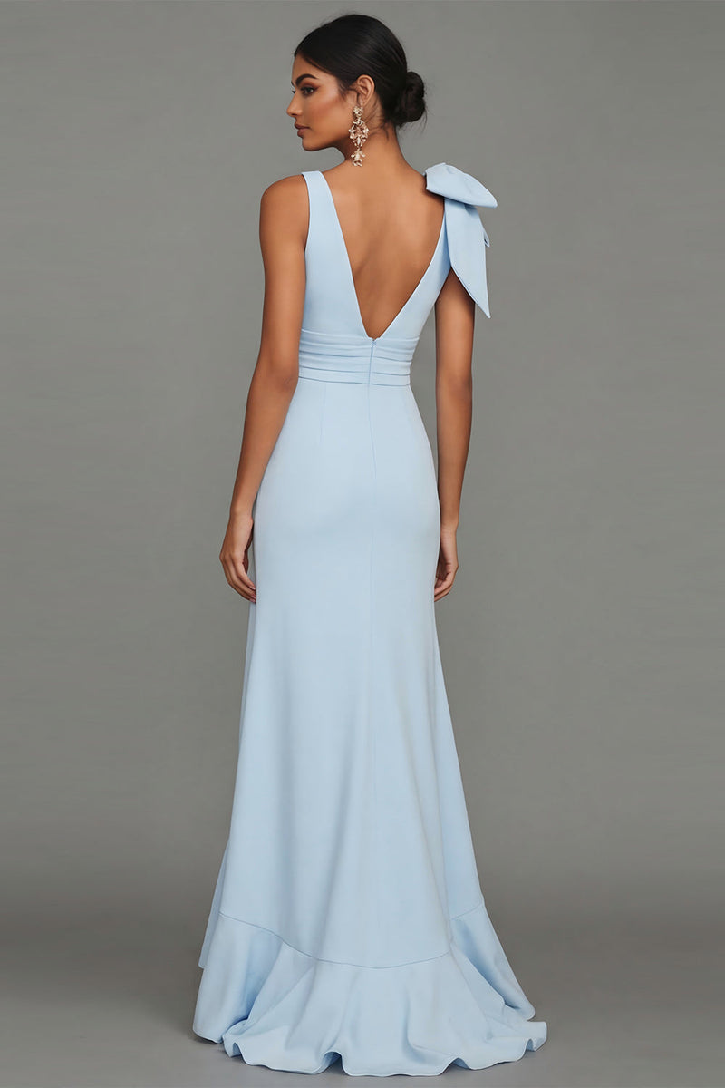 Laden Sie das Bild in den Galerie-Viewer, Dunkelgrünes V-Ausschnitt mit Rüschen und langem Festkleid mit Rüschen und Schlitz