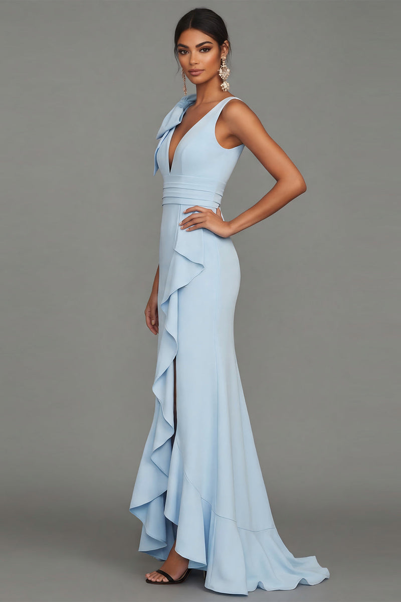 Laden Sie das Bild in den Galerie-Viewer, Dunkelgrünes V-Ausschnitt mit Rüschen und langem Festkleid mit Rüschen und Schlitz