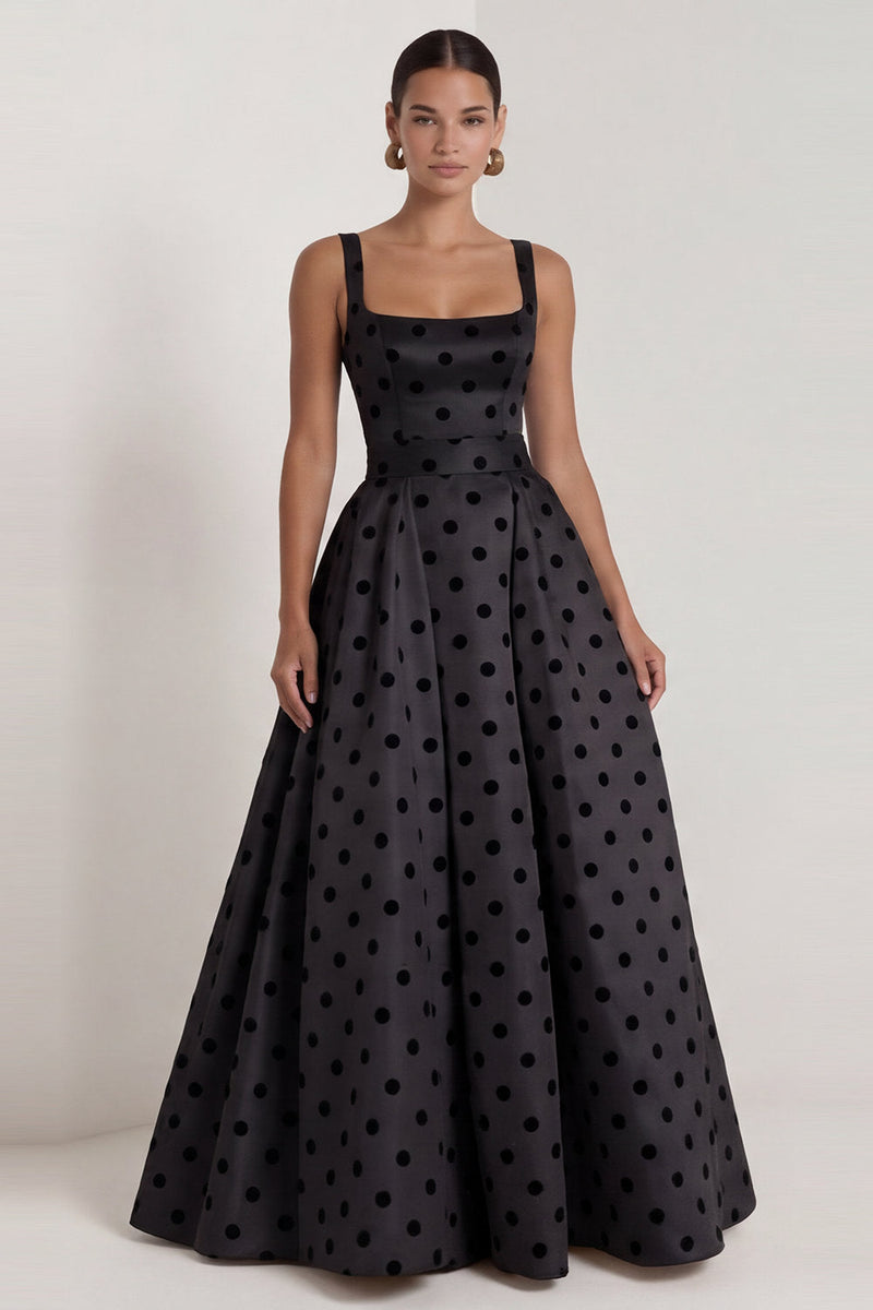 Laden Sie das Bild in den Galerie-Viewer, A-Linie Satin, schwarze weiße Punkte, quadratischer Ausschnitt, langes Festkleid mit Schleife