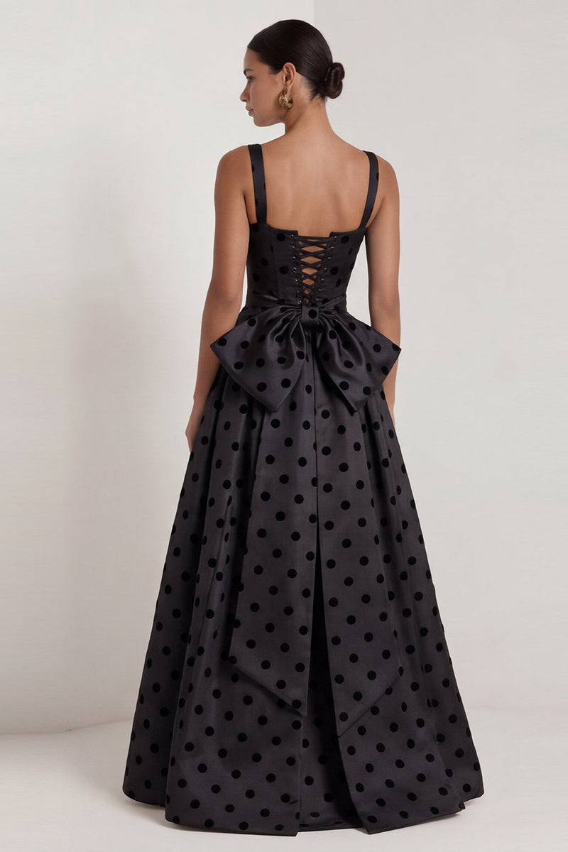 Laden Sie das Bild in den Galerie-Viewer, A-Linie Satin, schwarze weiße Punkte, quadratischer Ausschnitt, langes Festkleid mit Schleife