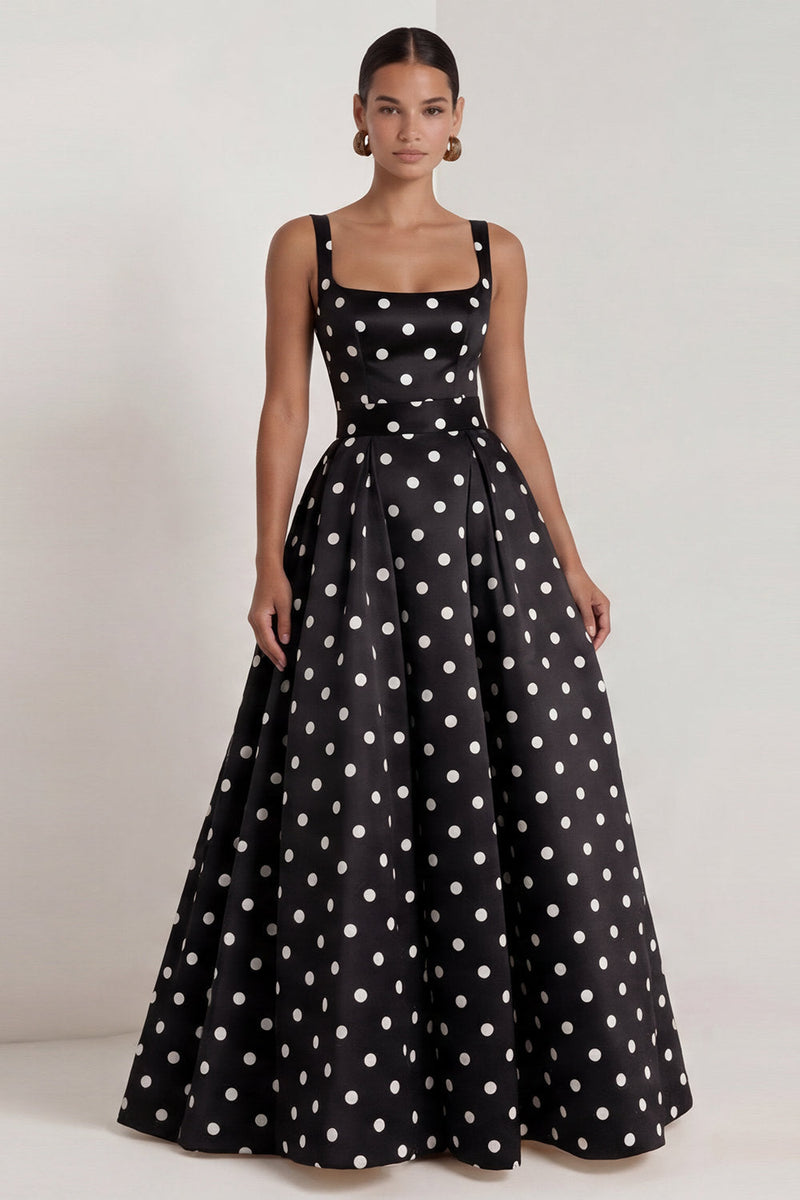 Laden Sie das Bild in den Galerie-Viewer, A-Linie Satin, schwarze weiße Punkte, quadratischer Ausschnitt, langes Festkleid mit Schleife
