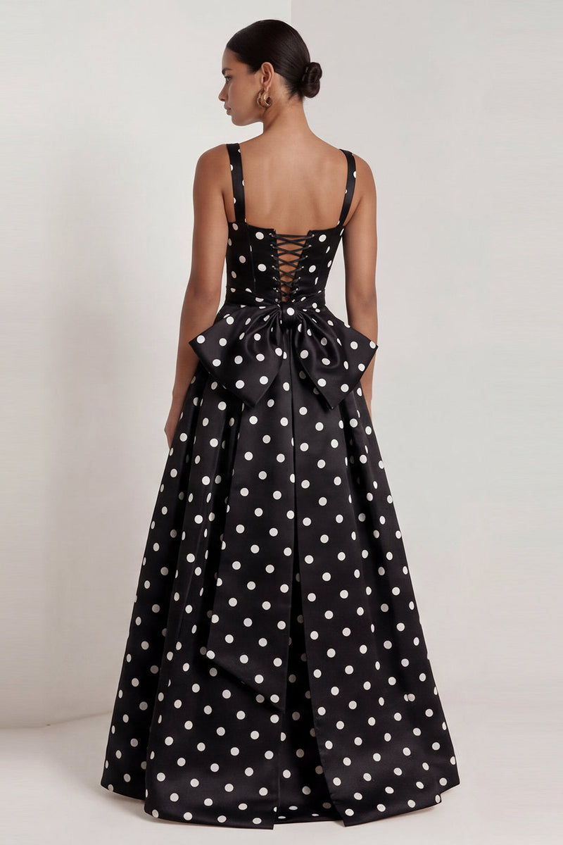 Laden Sie das Bild in den Galerie-Viewer, A-Linie Satin, schwarze weiße Punkte, quadratischer Ausschnitt, langes Festkleid mit Schleife