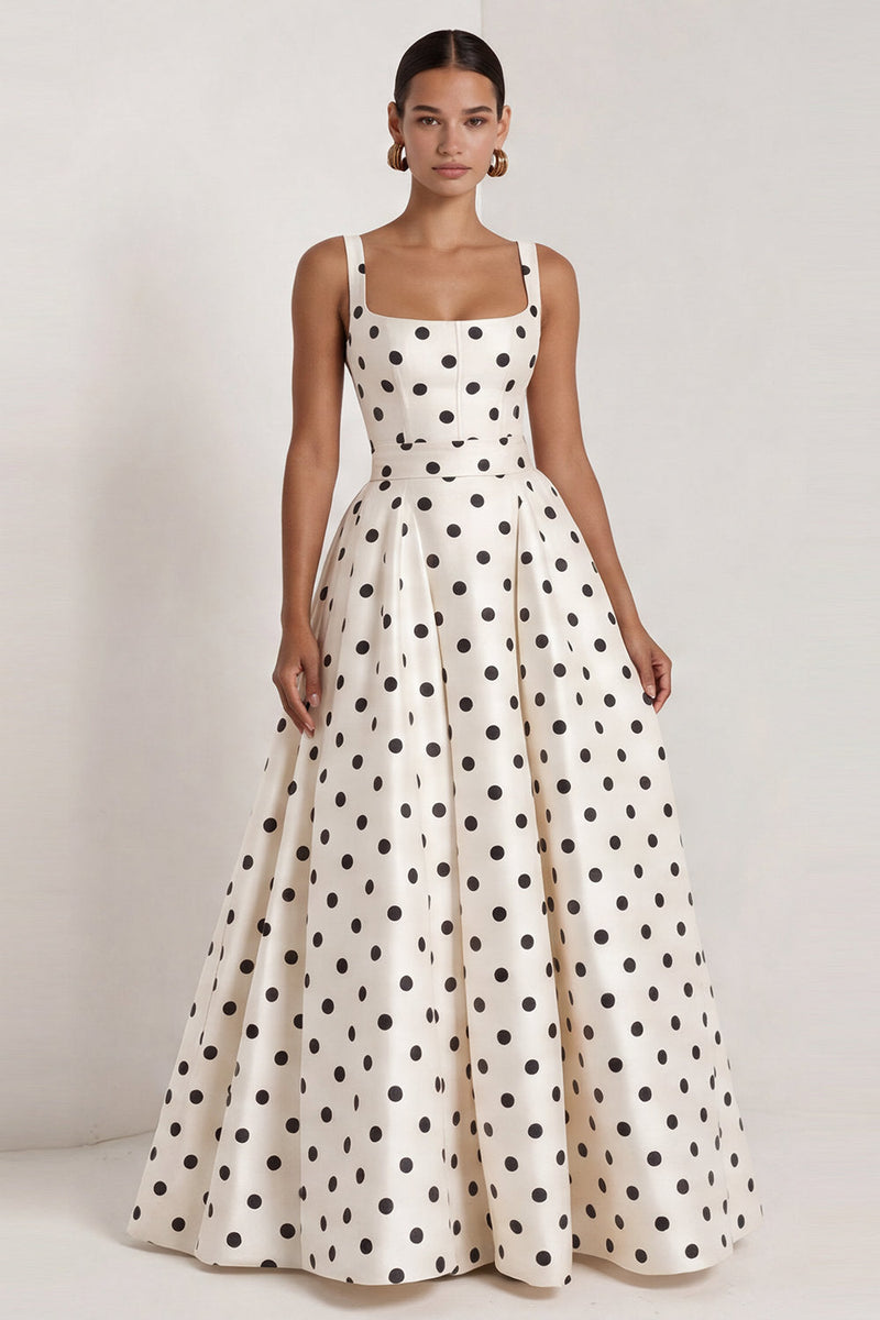 Laden Sie das Bild in den Galerie-Viewer, A-Linie Satin, schwarze weiße Punkte, quadratischer Ausschnitt, langes Festkleid mit Schleife