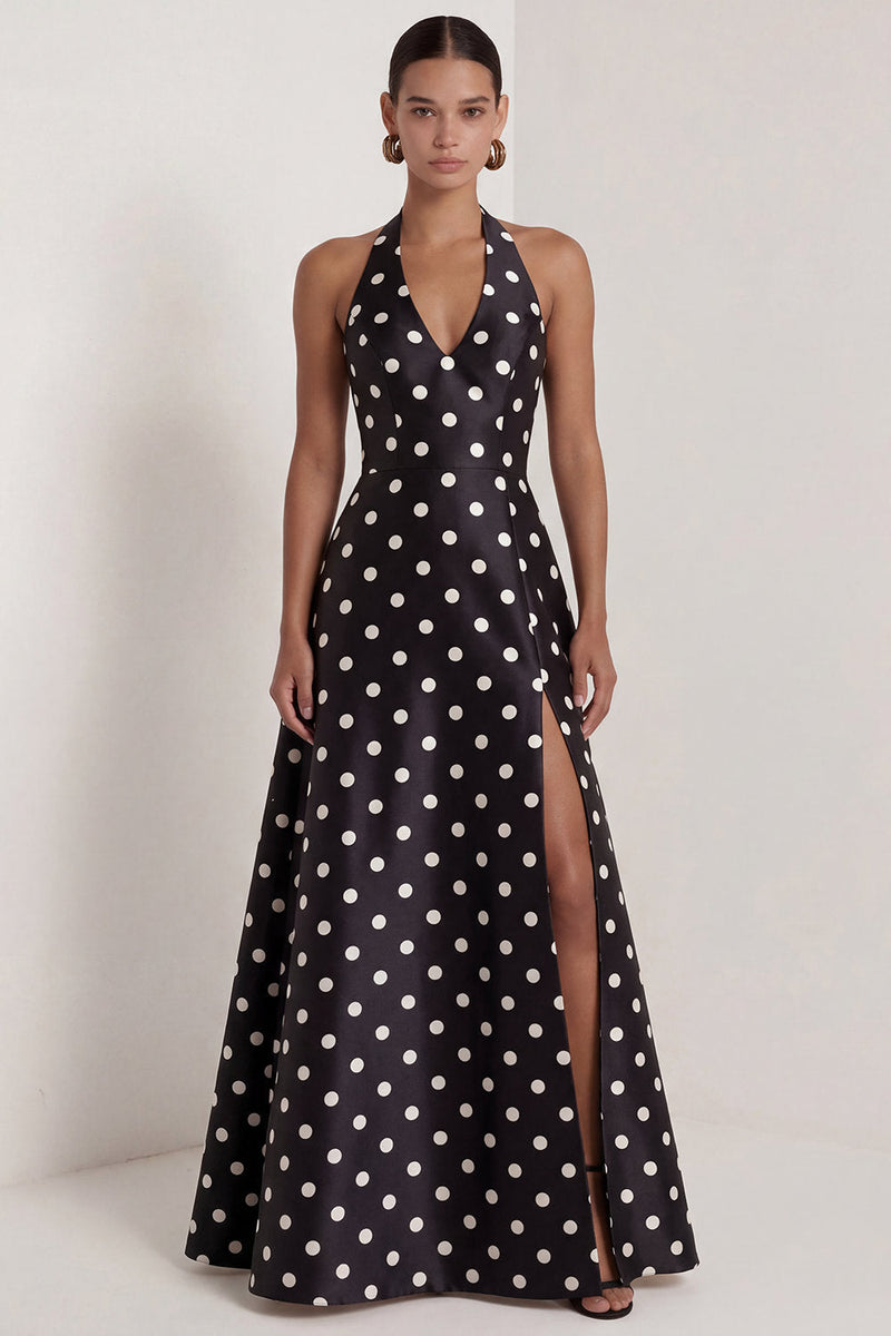 Laden Sie das Bild in den Galerie-Viewer, A-Linie Satin mit schwarzen weißen Punkten Neckholderhals langes festliches Kleid mit Schlitz