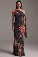 Laden Sie das Bild in den Galerie-Viewer, Schwarzes Asymmetrisches Meerjungfrauen Blumen Ballkleid