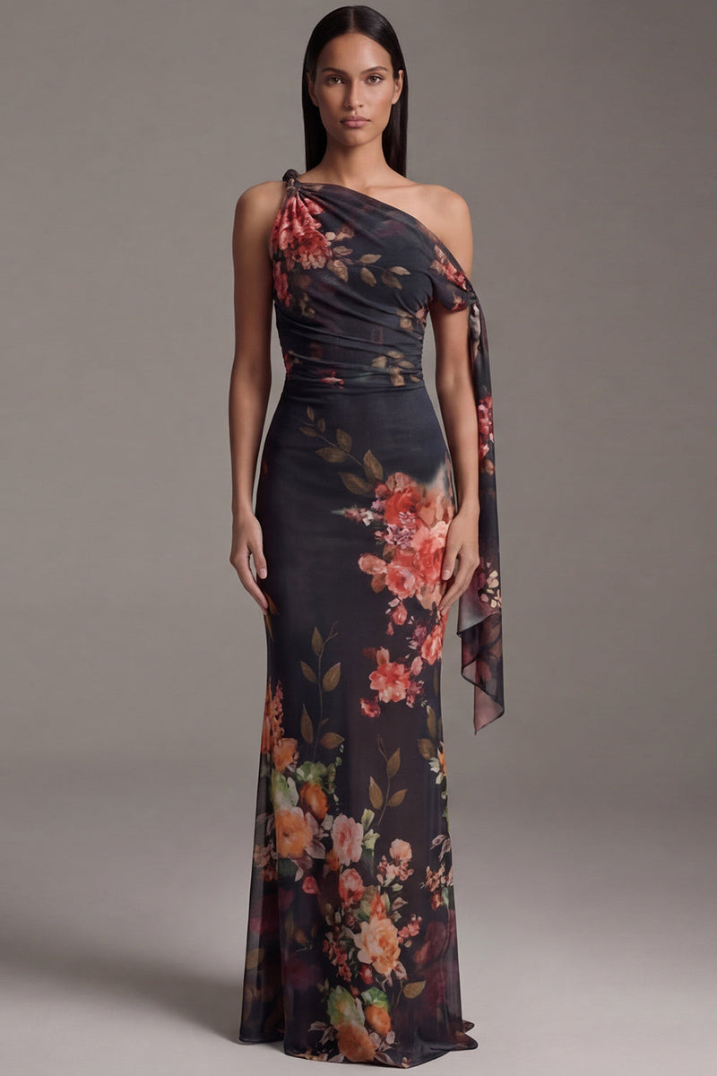 Laden Sie das Bild in den Galerie-Viewer, Schwarzes Asymmetrisches Meerjungfrauen Blumen Ballkleid