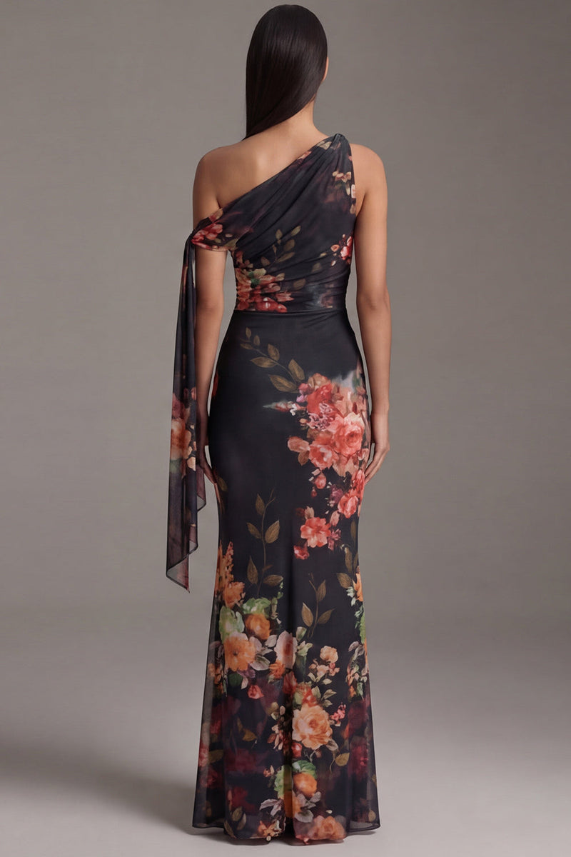 Laden Sie das Bild in den Galerie-Viewer, Schwarzes Asymmetrisches Meerjungfrauen Blumen Ballkleid