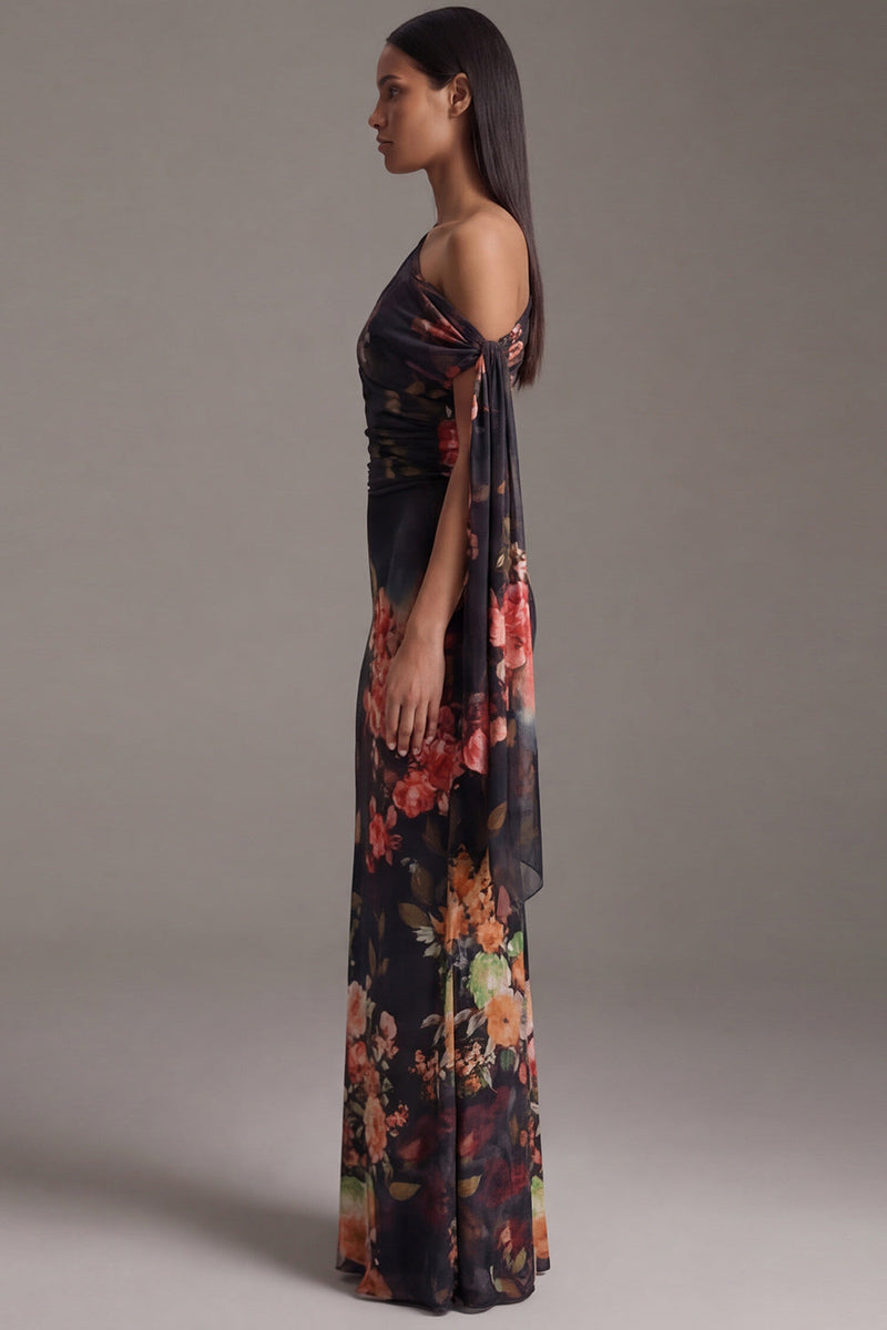 Laden Sie das Bild in den Galerie-Viewer, Schwarzes Asymmetrisches Meerjungfrauen Blumen Ballkleid